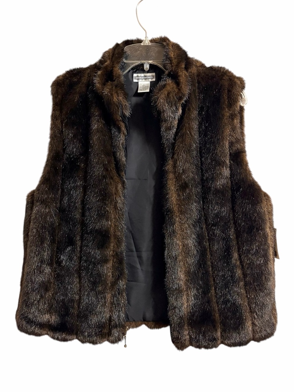 Investments Vintage Faux Fur Luxury Vest Womens L NWT Brown Zip Front Cozy Soft
